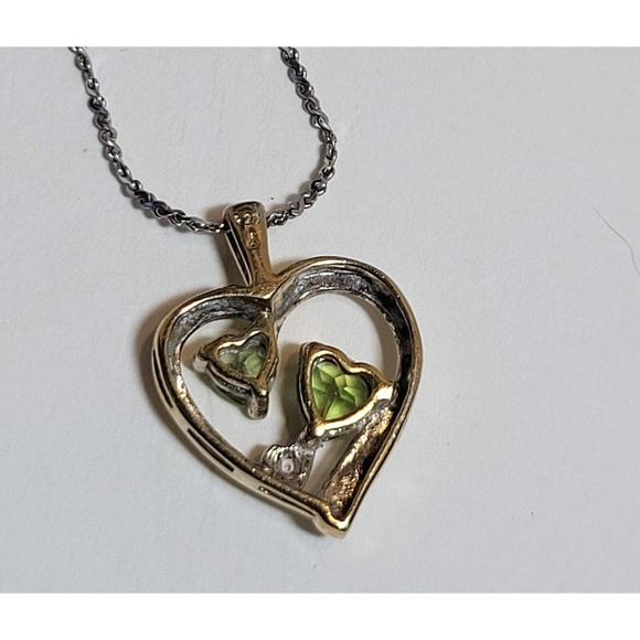 Hearts in Heart Diamond & Green Peridot Gold Vermeil 17" Necklace 925 Danecraft - Picture 3 of 8